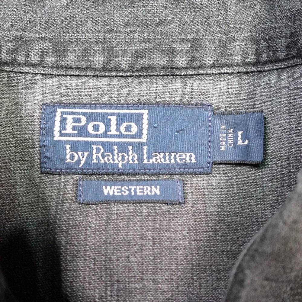 Vintage Polo Ralph Lauren Western Shirt Mens L Grey Denim Pearl Snap Cowboy barn